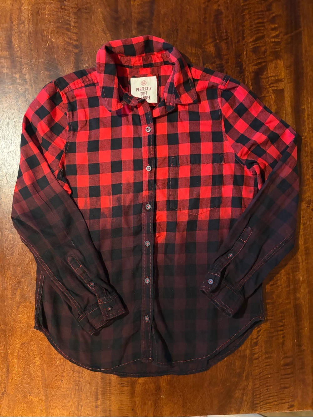 Upcycled CBGB OMFUG Graphic Ombré Dyed Red and Black Plaid Flannel Shirt Sz Med - Picture 2 of 7
